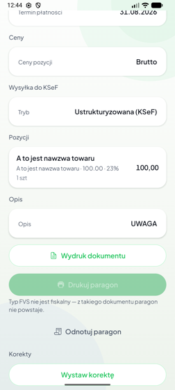 Karta dokumentu — sekcja KSeF i pozycje
