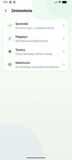 Lista zestawień: Sprzedaż, Magazyn, Towary