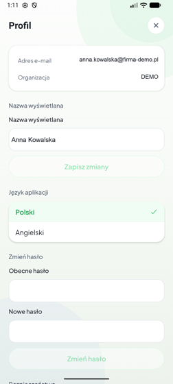 Profil użytkownika — nazwa wyświetlana, język, zmiana hasła